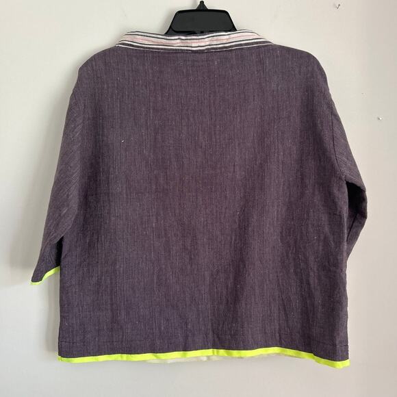 NWOT lemlem V-Neck Top, Charcoal w/ Neon Trim, Relaxed Fit, Women's Size Medium - Picture 4 of 5